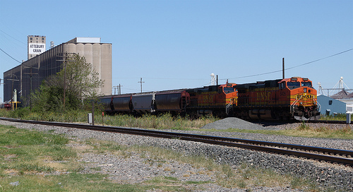 a train being loaded with grain from an elevator